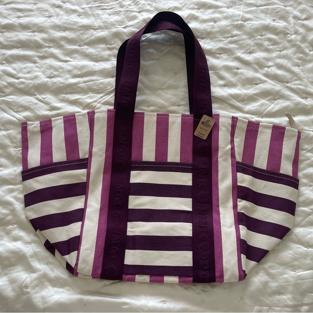 Victoria's Secret PINK Purple and White stripe Canvas Tote Bag